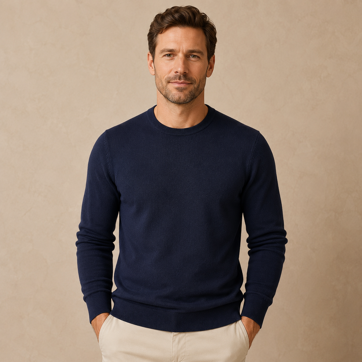 Men's Fine Knit Jumper - Crew Neck Pullover with Long Sleeves