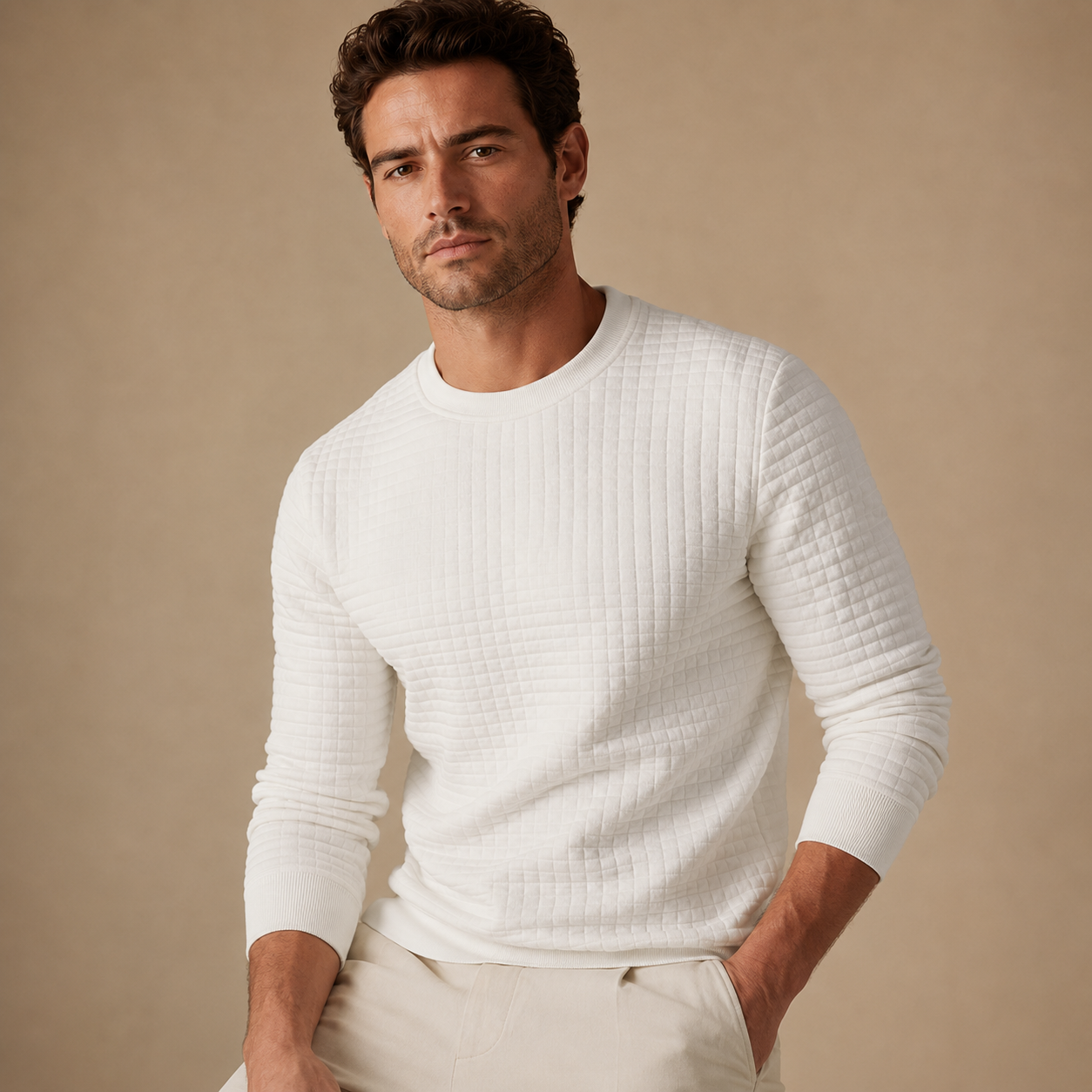 Men's Padded Jumper - Sweater with Round Neck and Long Sleeves