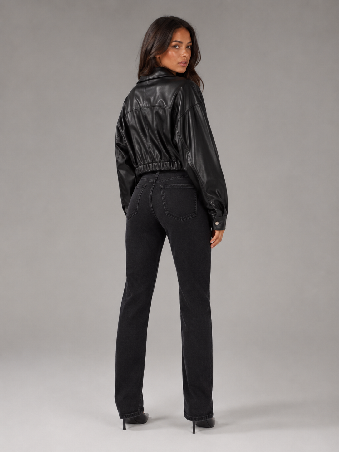 Short Synthetic Leather Biker Jacket with Zip for Women