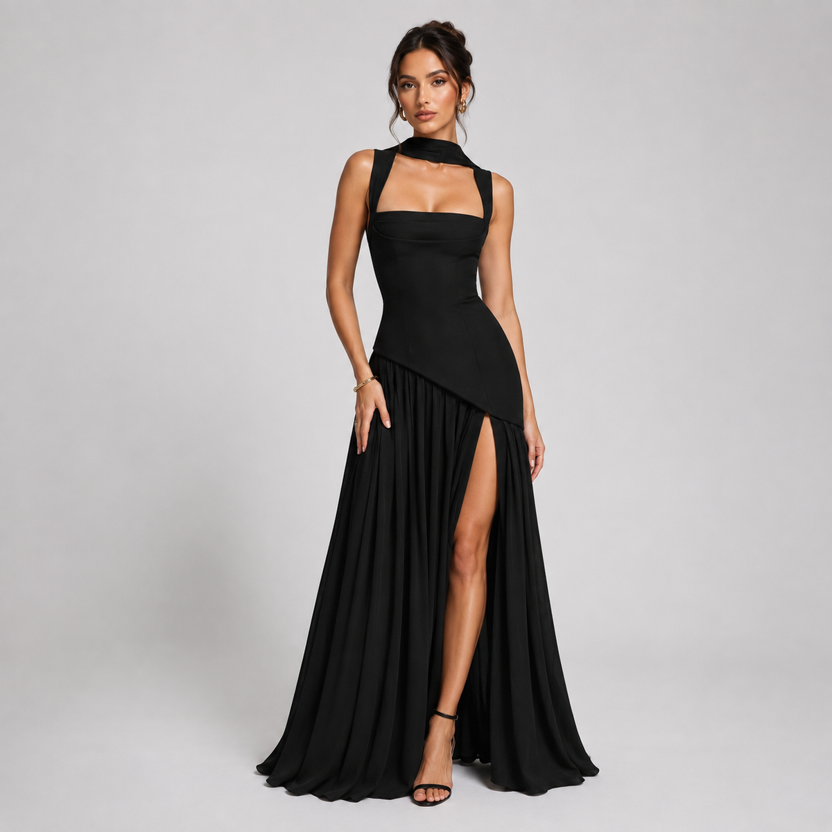 Women's Satin-Look Maxi Dress – Draped Skirt & Side Slit