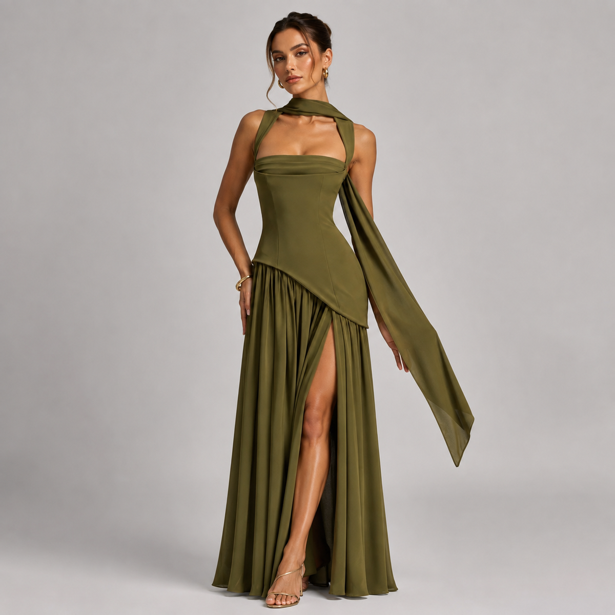 Women's Satin-Look Maxi Dress – Draped Skirt & Side Slit