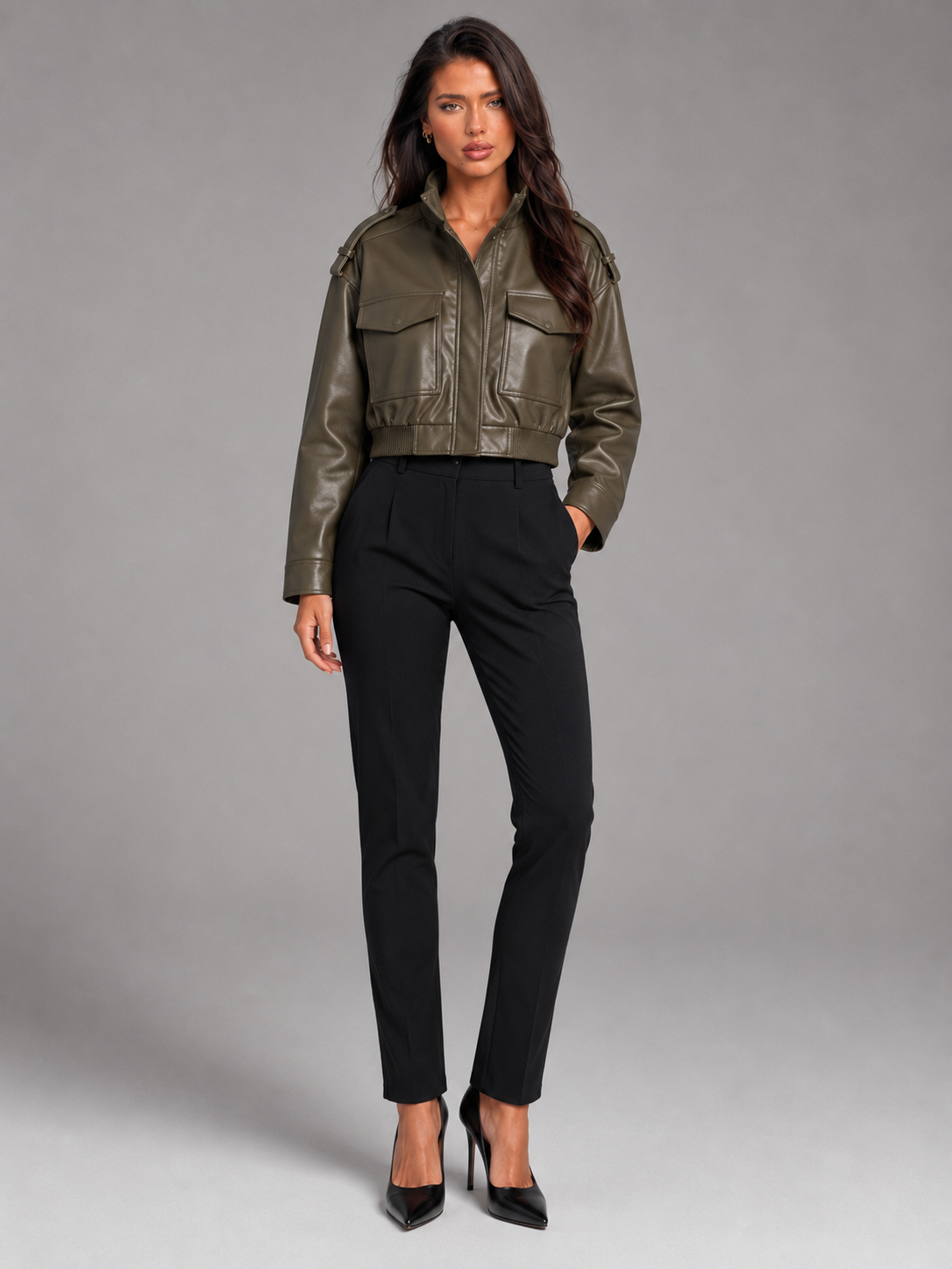 Short Utility Jacket in Synthetic Leather for Women