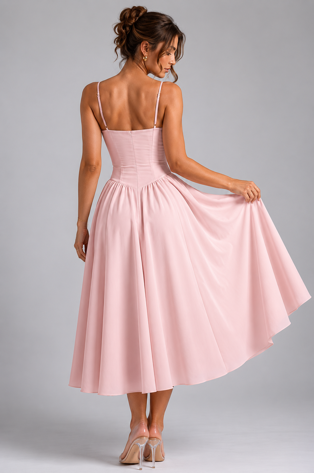 Women’s Corset Midi Dress with Full Skirt & Adjustable Lace-Up Back - Sculpted Fit