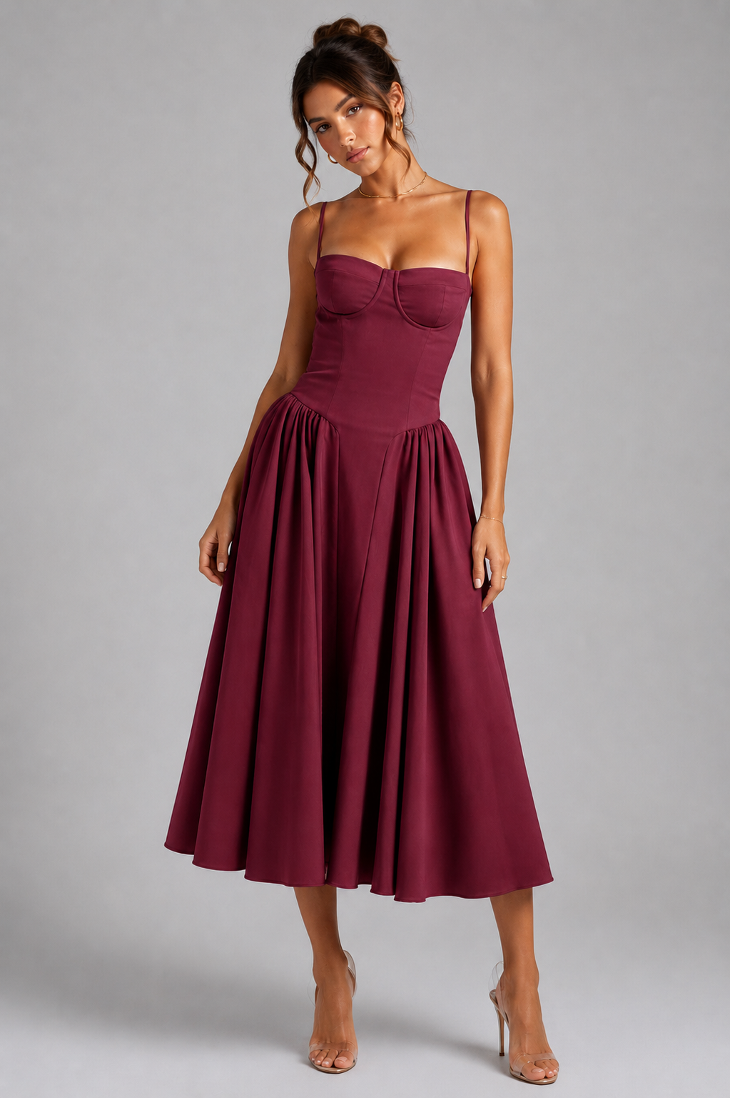 Women’s Corset Midi Dress with Full Skirt & Adjustable Lace-Up Back - Sculpted Fit