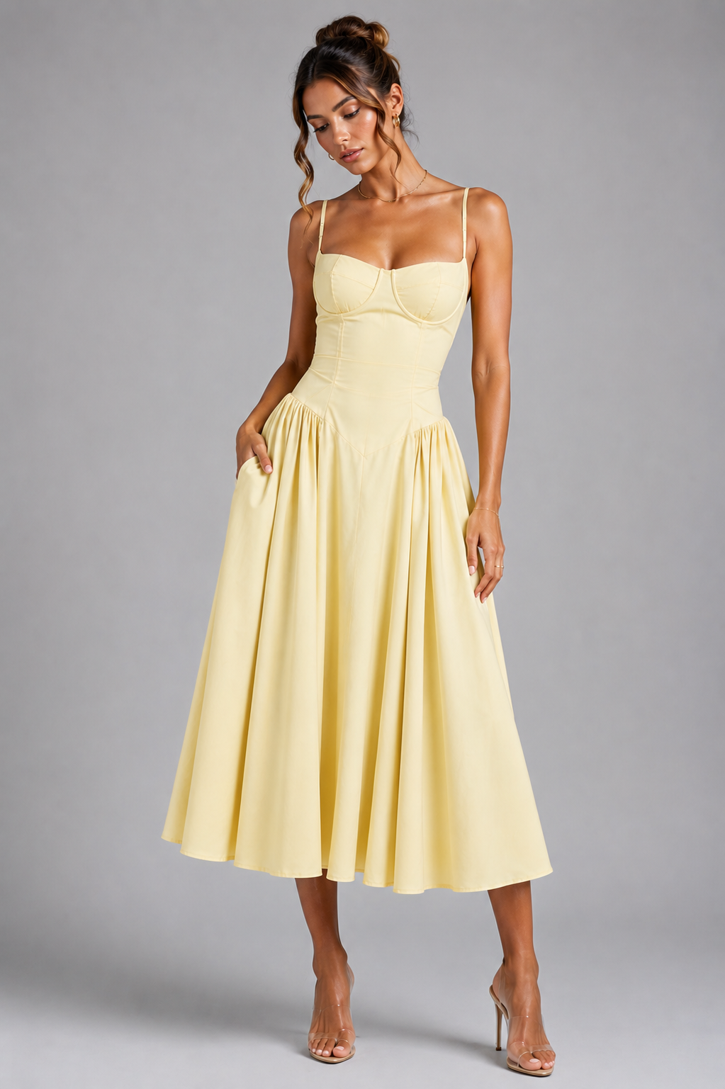 Women’s Corset Midi Dress with Full Skirt & Adjustable Lace-Up Back - Sculpted Fit