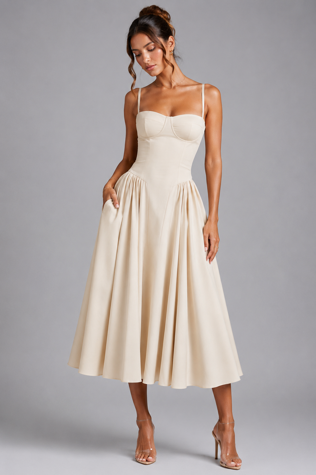 Women’s Corset Midi Dress with Full Skirt & Adjustable Lace-Up Back - Sculpted Fit