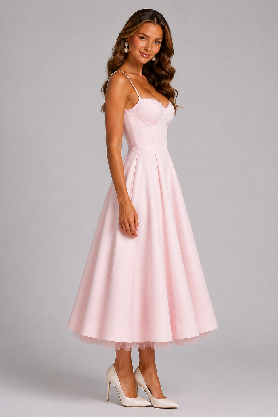 Women’s Corset Midi Dress with Full Skirt for Weddings & Special Occasions