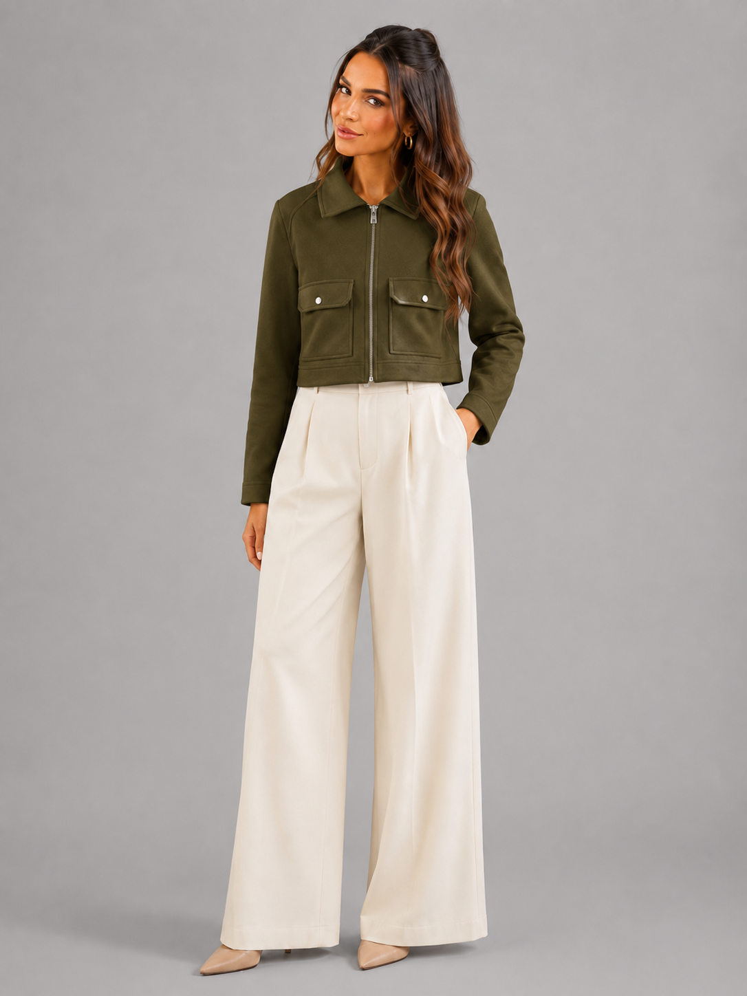 Women's Cropped Synthetic Leather Utility Jacket for Autumn