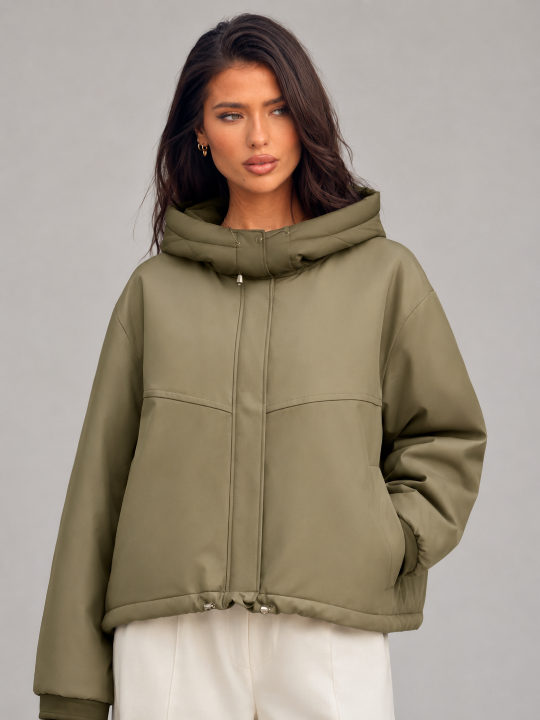 Green Padded Hooded Jacket for Women