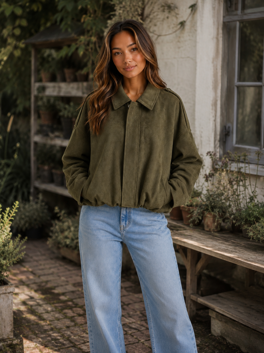 Women's Suede Look Bomber Jacket – Oversized Collared Style