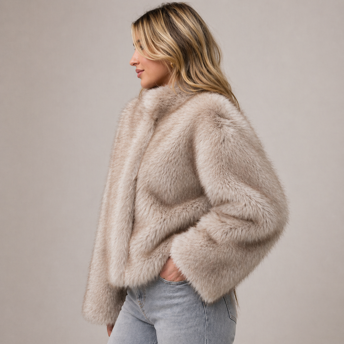 Women’s Faux Fur Jacket – Soft Short Coat with Round Neck