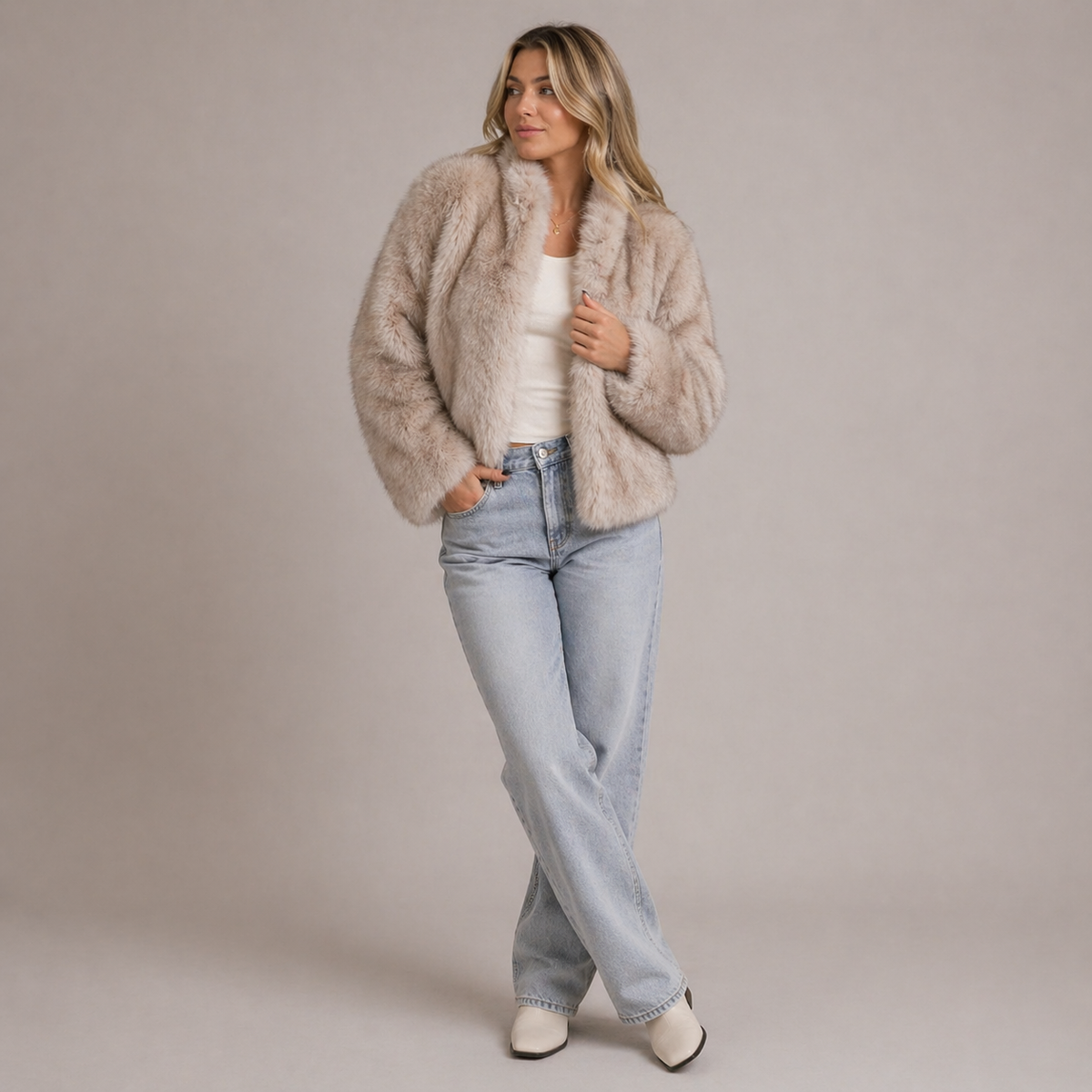 Women’s Faux Fur Jacket – Soft Short Coat with Round Neck
