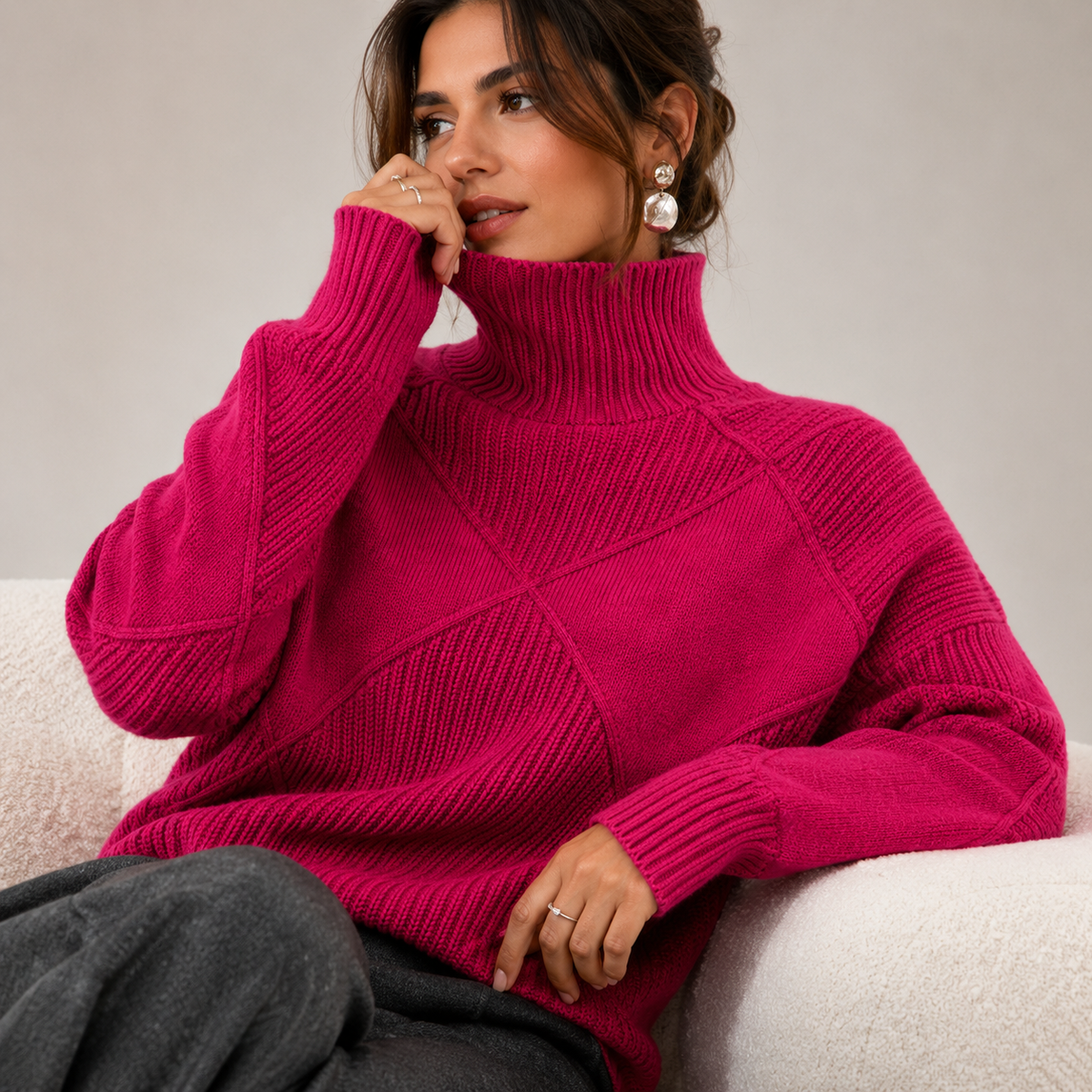 Women’s Turtleneck Knit Jumper – Geometric Textured Design