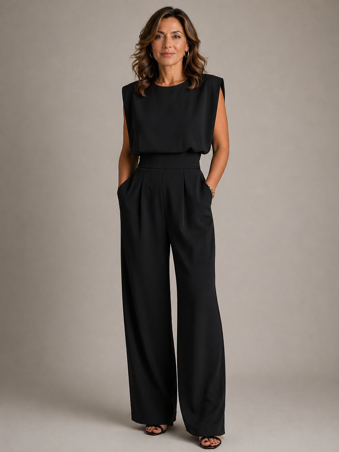 Women's Sleeveless Wide Leg Jumpsuit – Pleated Casual Design