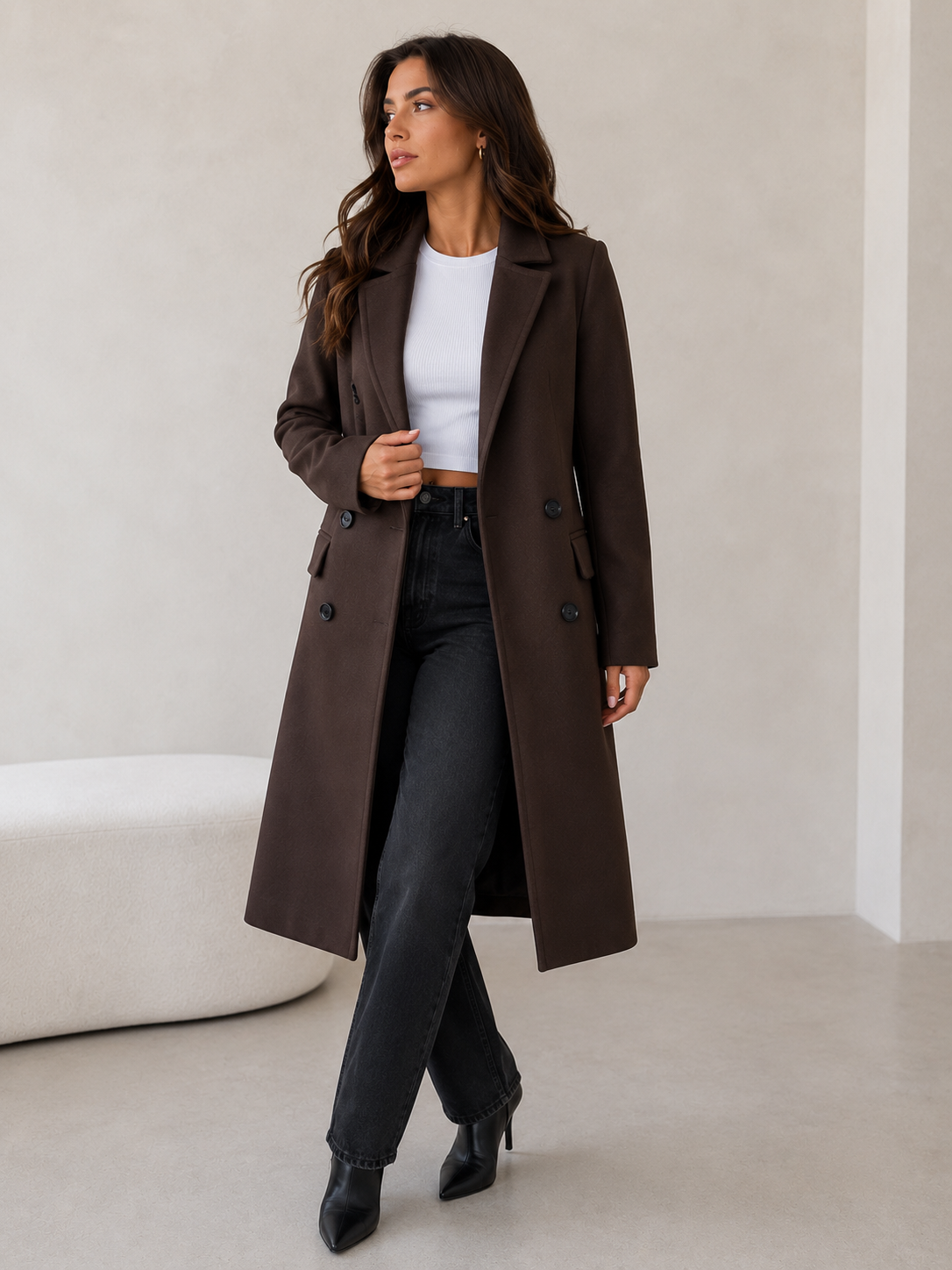 Women's Double-Breasted Longline Coat – Notch Lapel Tailored Style