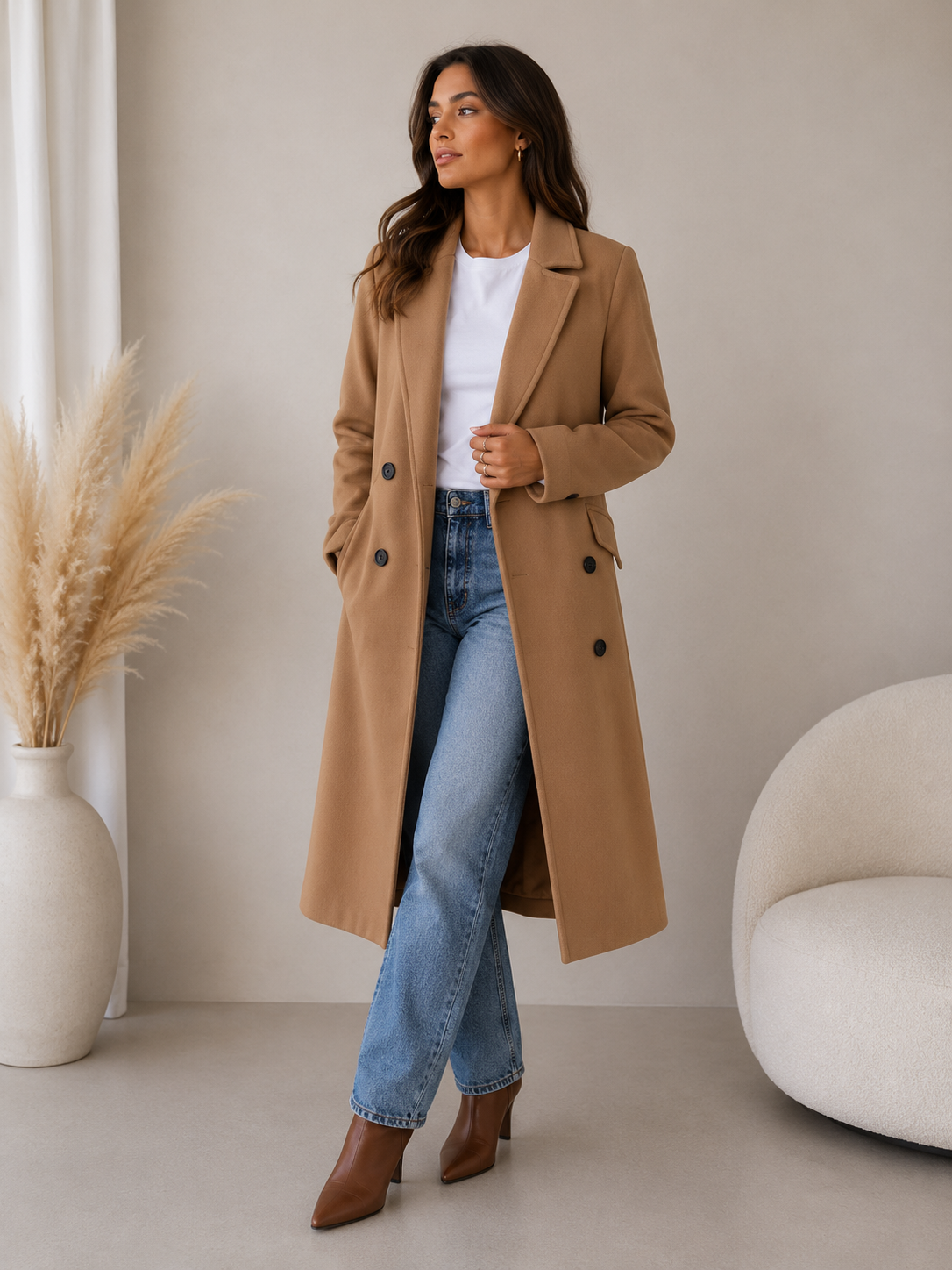 Women's Double-Breasted Longline Coat – Notch Lapel Tailored Style