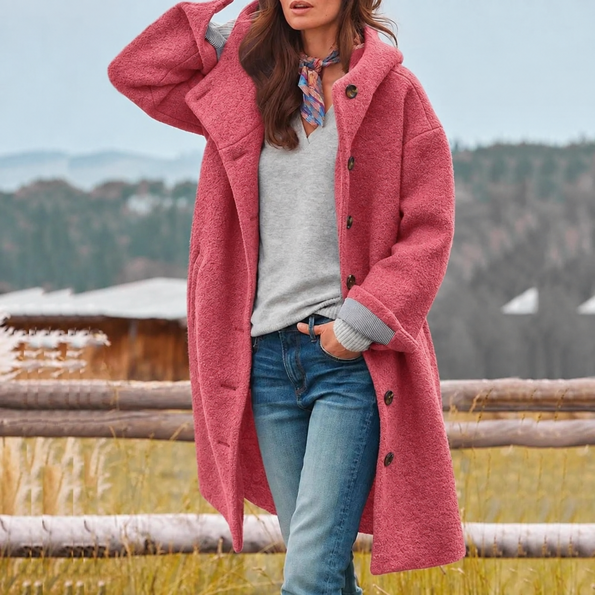 Women's Hooded Winter Coat - Relaxed Button-Front Style