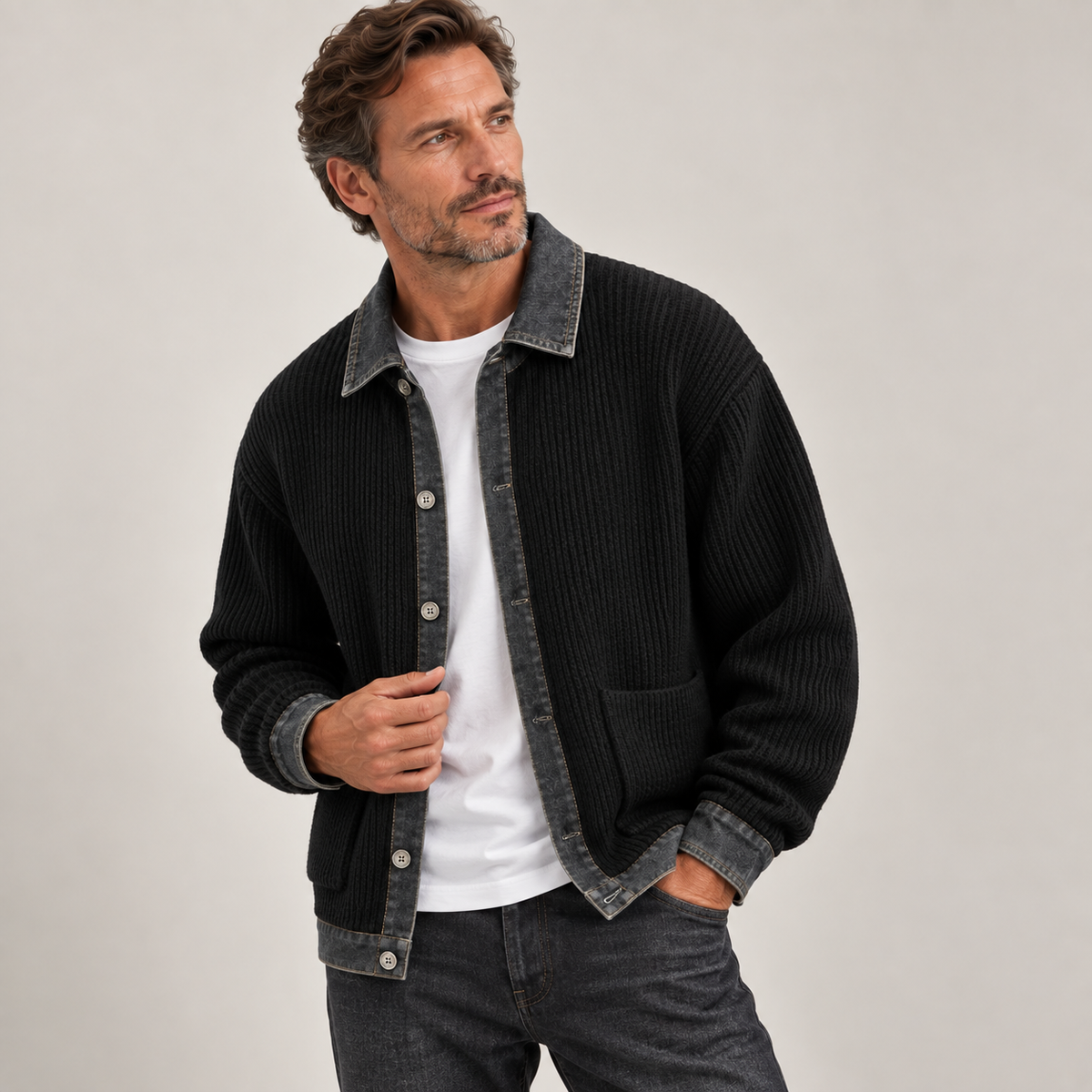 Men's Ribbed Knit Jumper with Denim Details - Relaxed Fit