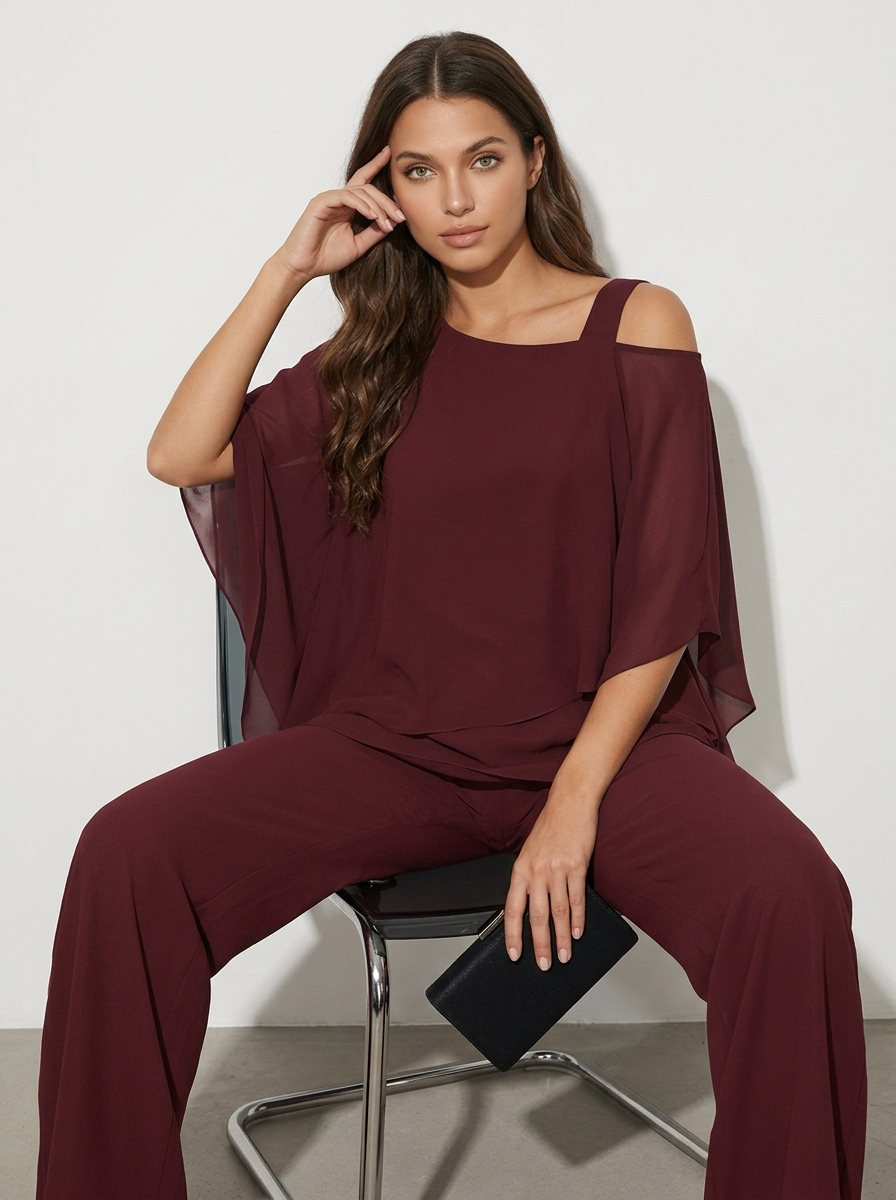 Women's Chiffon Two-Piece Set - Cold-Shoulder Top & Wide-Leg Trousers