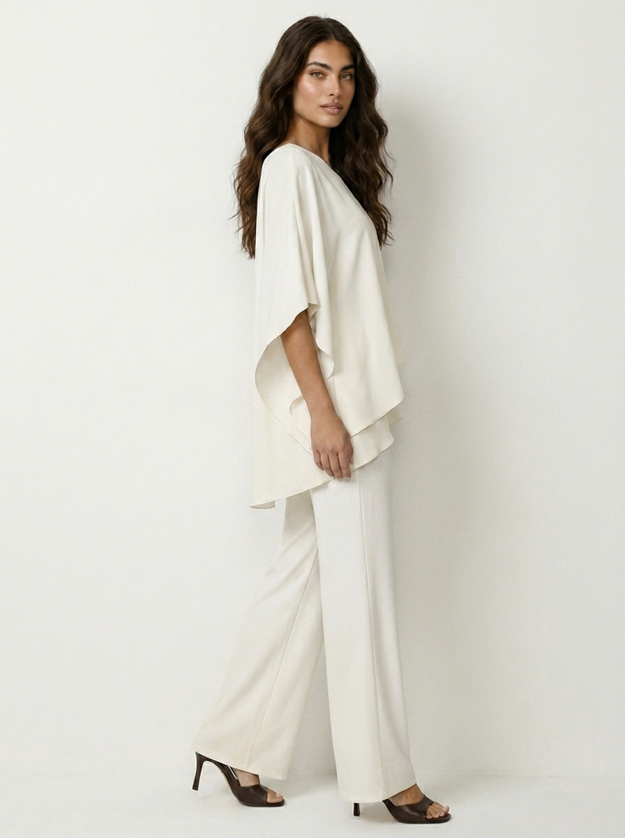 Women's Chiffon Two-Piece Set - Cold-Shoulder Top & Wide-Leg Trousers