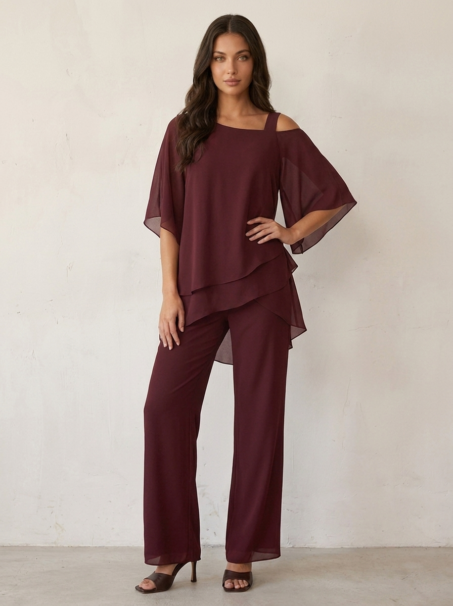 Women's Chiffon Two-Piece Set - Cold-Shoulder Top & Wide-Leg Trousers