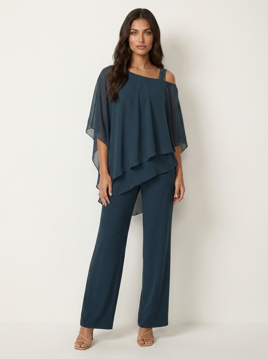 Women's Chiffon Two-Piece Set - Cold-Shoulder Top & Wide-Leg Trousers