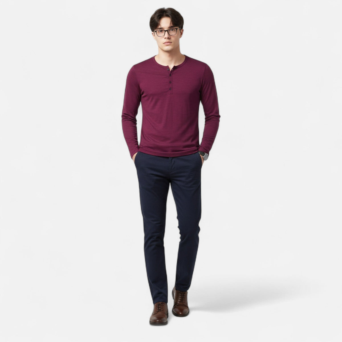Men's Long Sleeve Cotton Henley – Slim Fit Button Neck Shirt