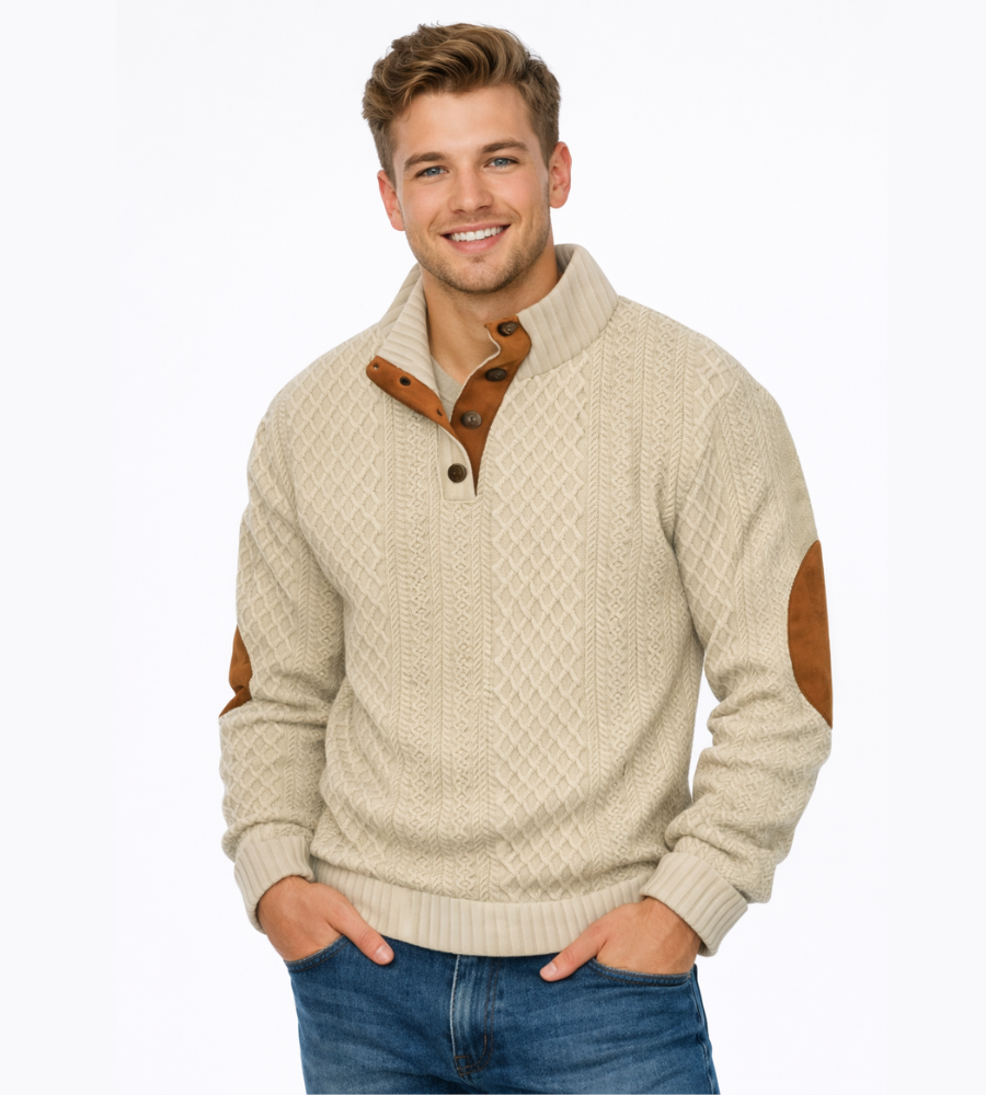 Men's Cable Knit Jumper – High Collar with Elbow Patches