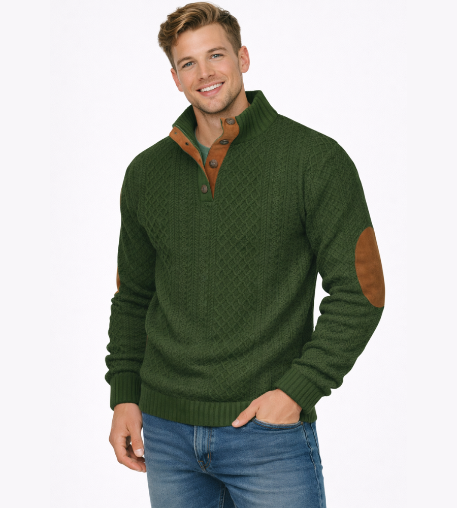Men's Cable Knit Jumper – High Collar with Elbow Patches