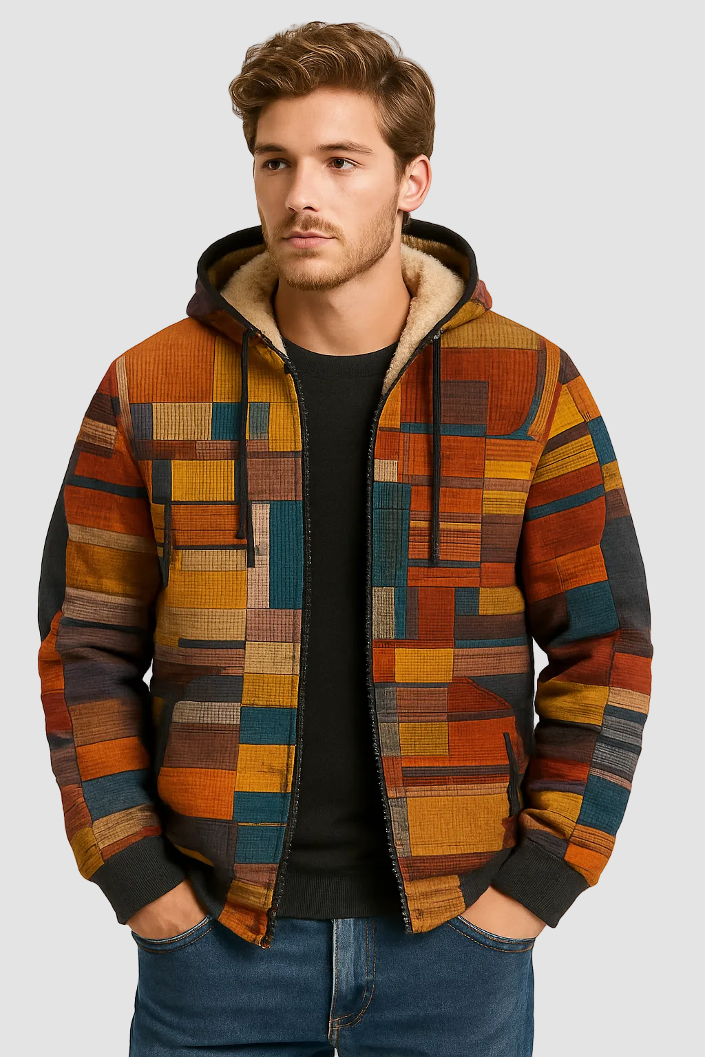 Men's Patchwork Gilet with Warm Fleece Lining and Hood