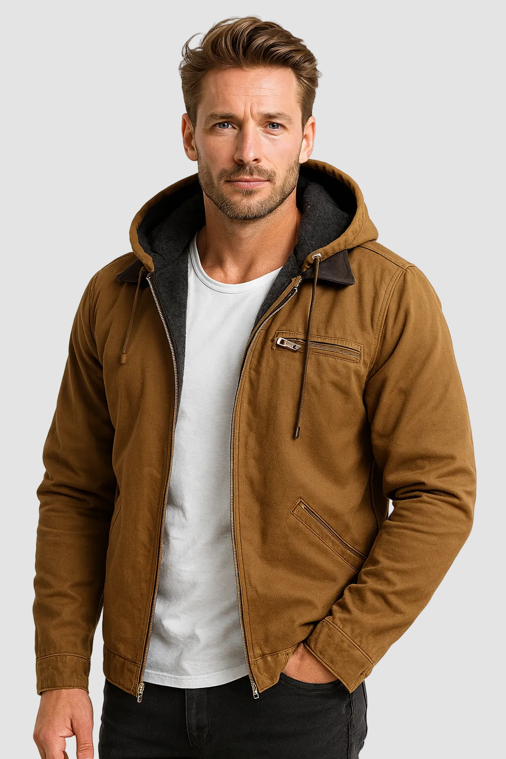 Men's Mid-Season Jacket with Hood and Warm Fleece Lining