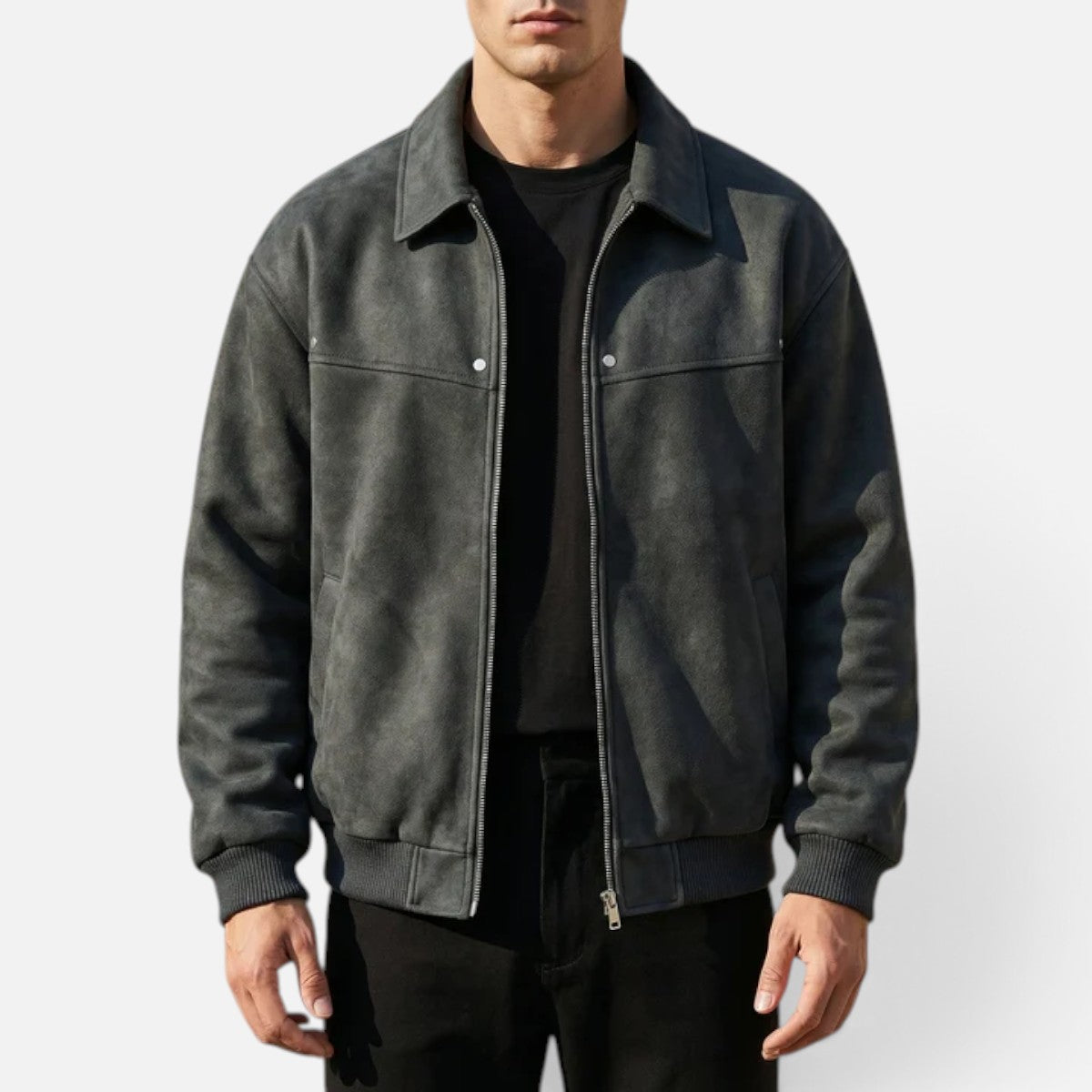 Men's Distressed Leather Bomber Jacket – Zip Front Ribbed Hem