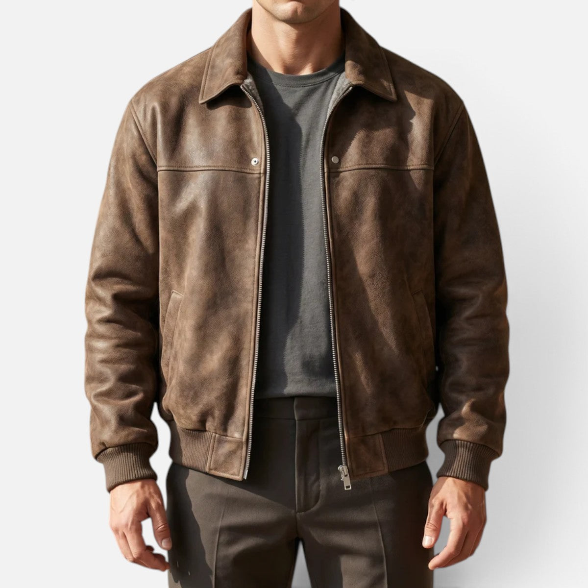Men's Distressed Leather Bomber Jacket – Zip Front Ribbed Hem