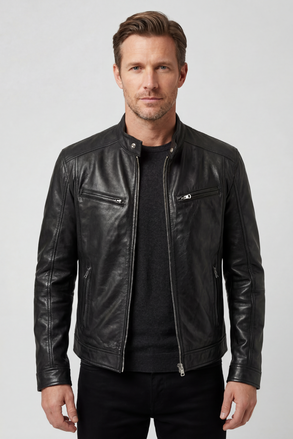 Men’s Jacket | Leather Look with Multiple Zip Pockets