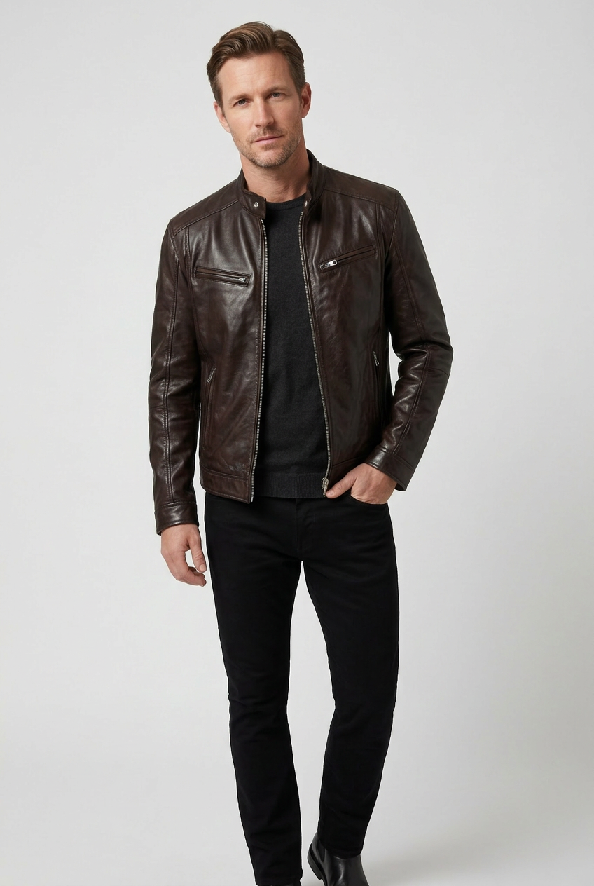 Men’s Jacket | Leather Look with Multiple Zip Pockets