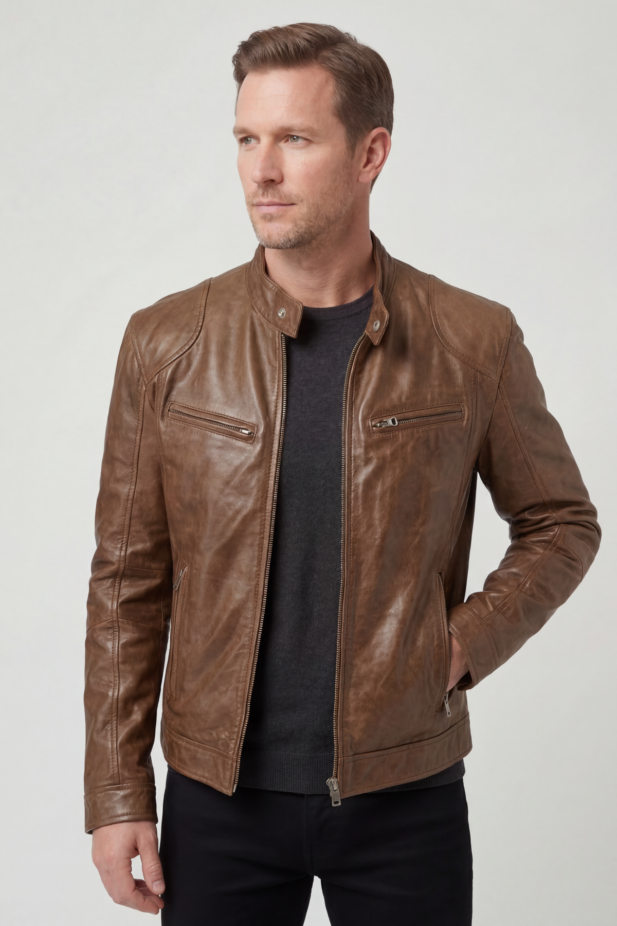 Men’s Jacket | Leather Look with Multiple Zip Pockets