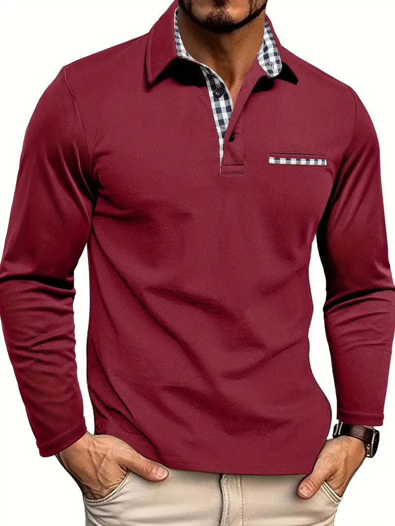 Men's Long Sleeve Polo Shirt – Contrast Check Detail