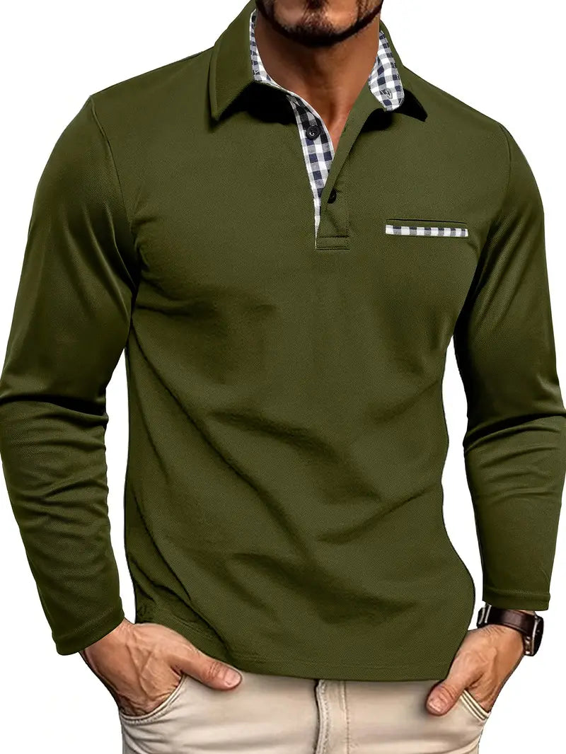 Men's Long Sleeve Polo Shirt – Contrast Check Detail