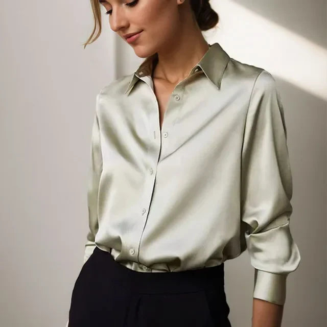 Women’s Satin Long Sleeve Collared Blouse