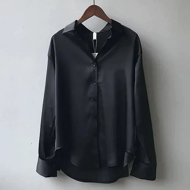 Women’s Satin Long Sleeve Collared Blouse