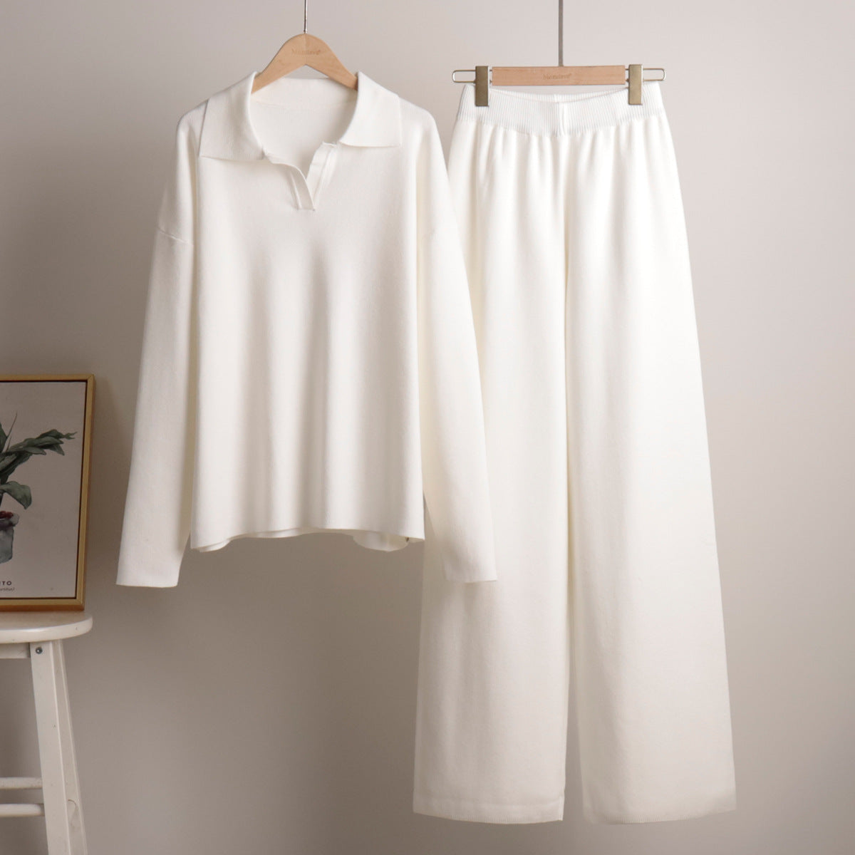 Women’s Knitted Two-Piece Set – Polo Jumper Wide Leg Trousers