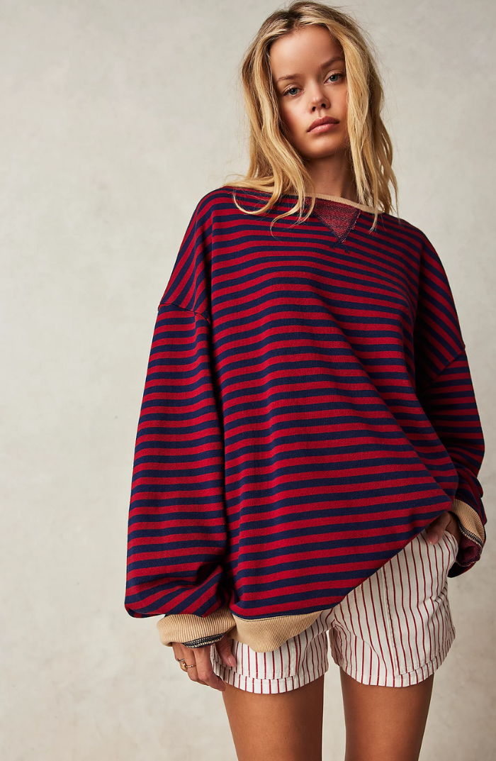Women's Oversized Striped Sweatshirt – Contrast Trim Relaxed Fit