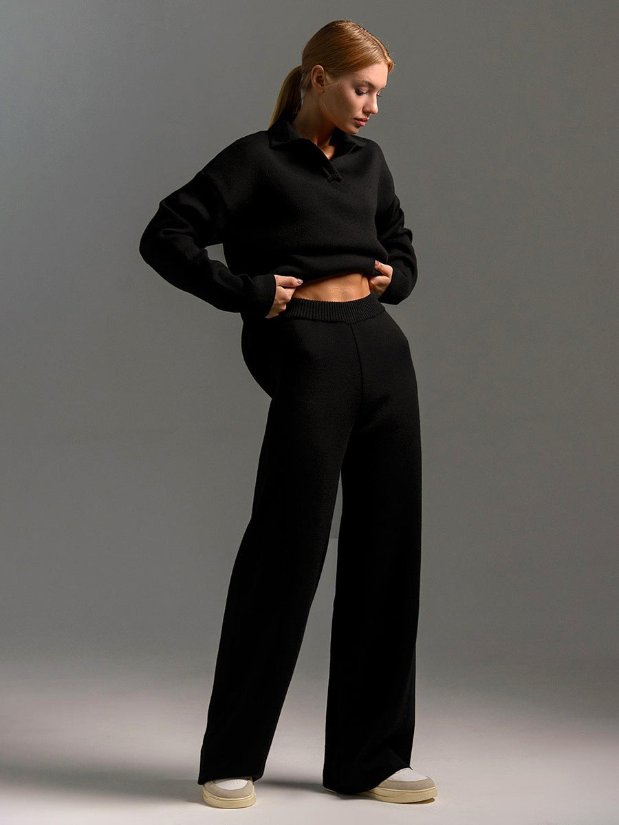 Women’s Knitted Two-Piece Set – Polo Jumper Wide Leg Trousers