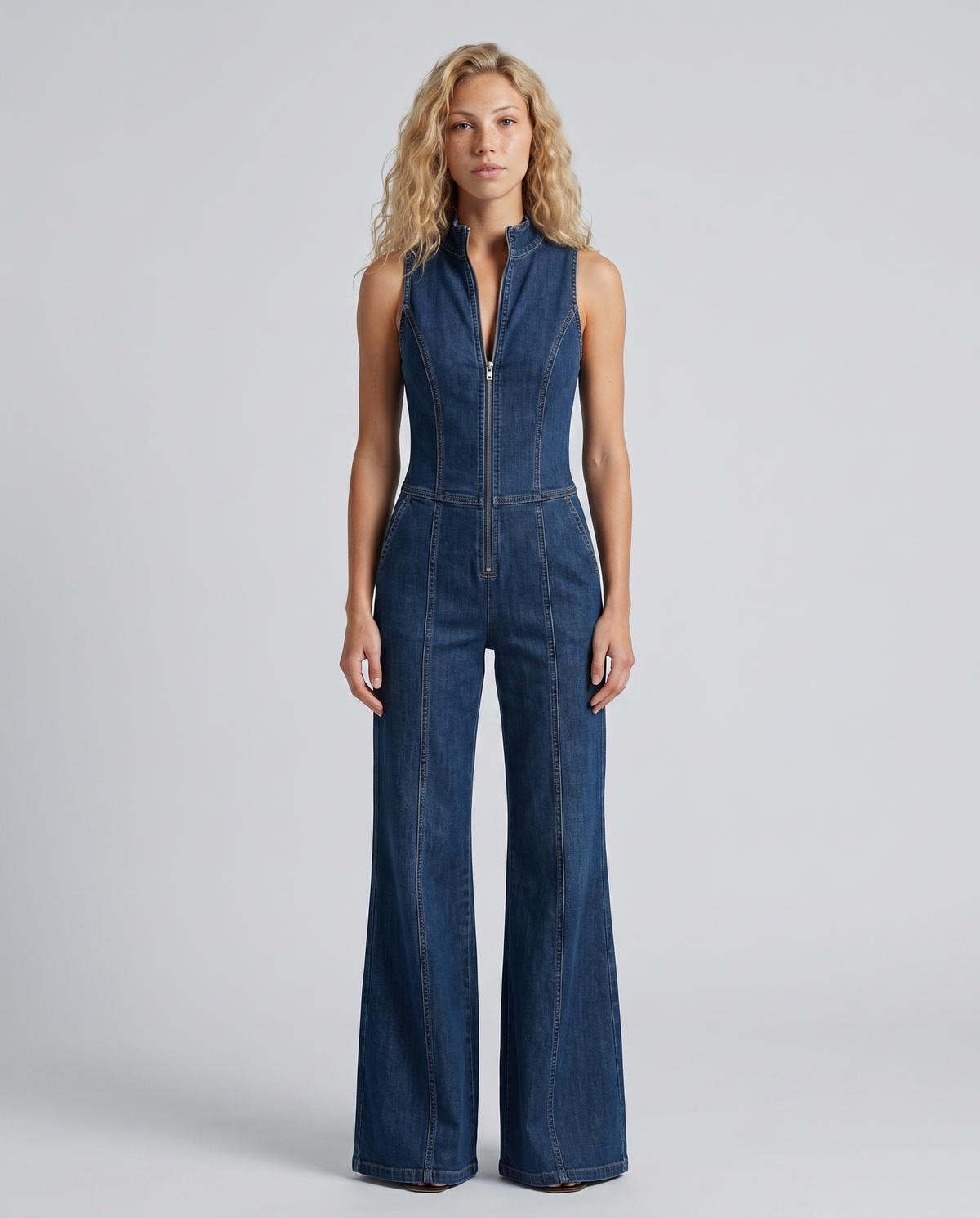 Women's Denim Jumpsuit – Sleeveless Zip Front Flared Leg