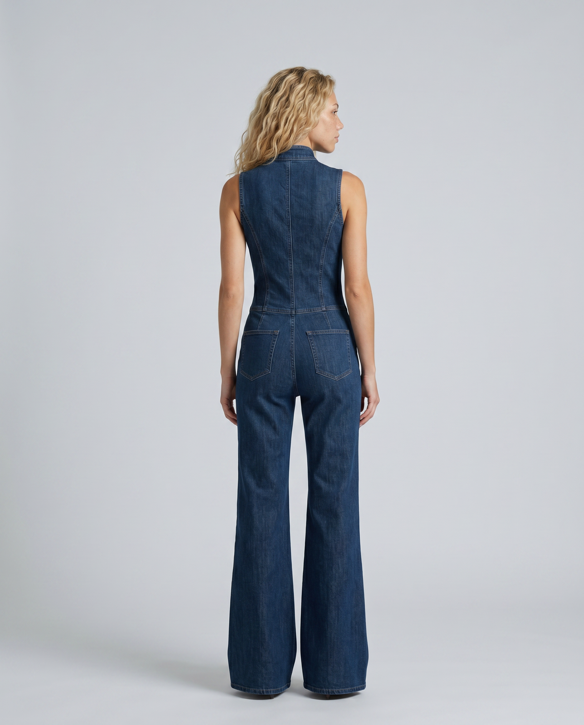 Women's Denim Jumpsuit – Sleeveless Zip Front Flared Leg