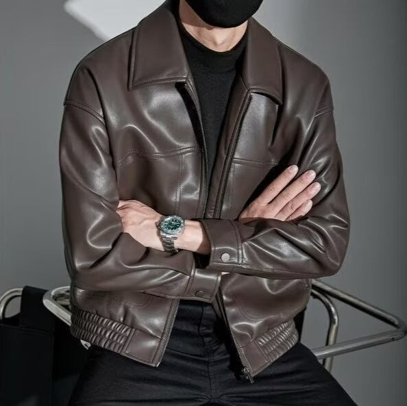 Leather Jacket Men Slim Fit Zip Closure Straight Collar