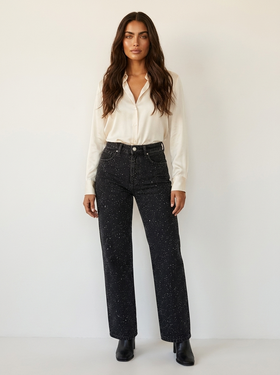 Women's High-Waisted Straight-Leg Jeans - Sparkle Detail