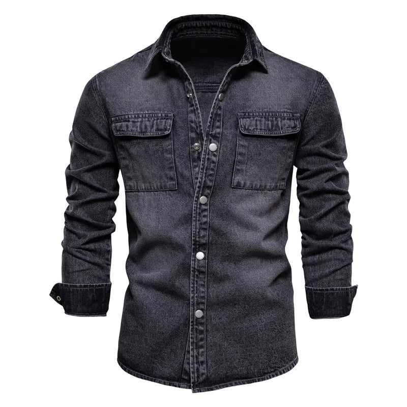 Men's Washed Denim Shirt - Long-Sleeve Button-Down Style