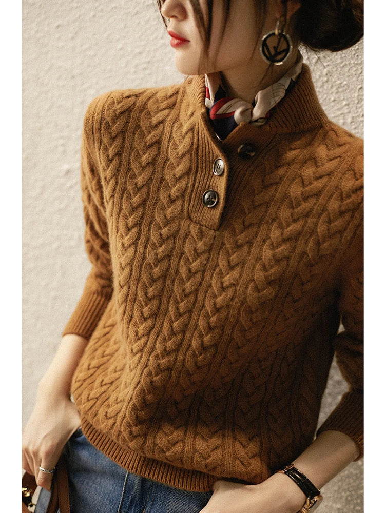 Women's Cable Knit Jumper – Button Neck Regular Fit