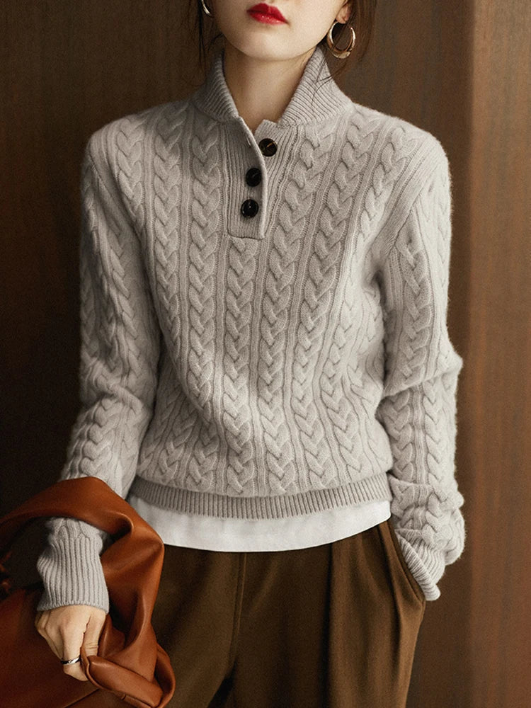 Women's Cable Knit Jumper – Button Neck Regular Fit